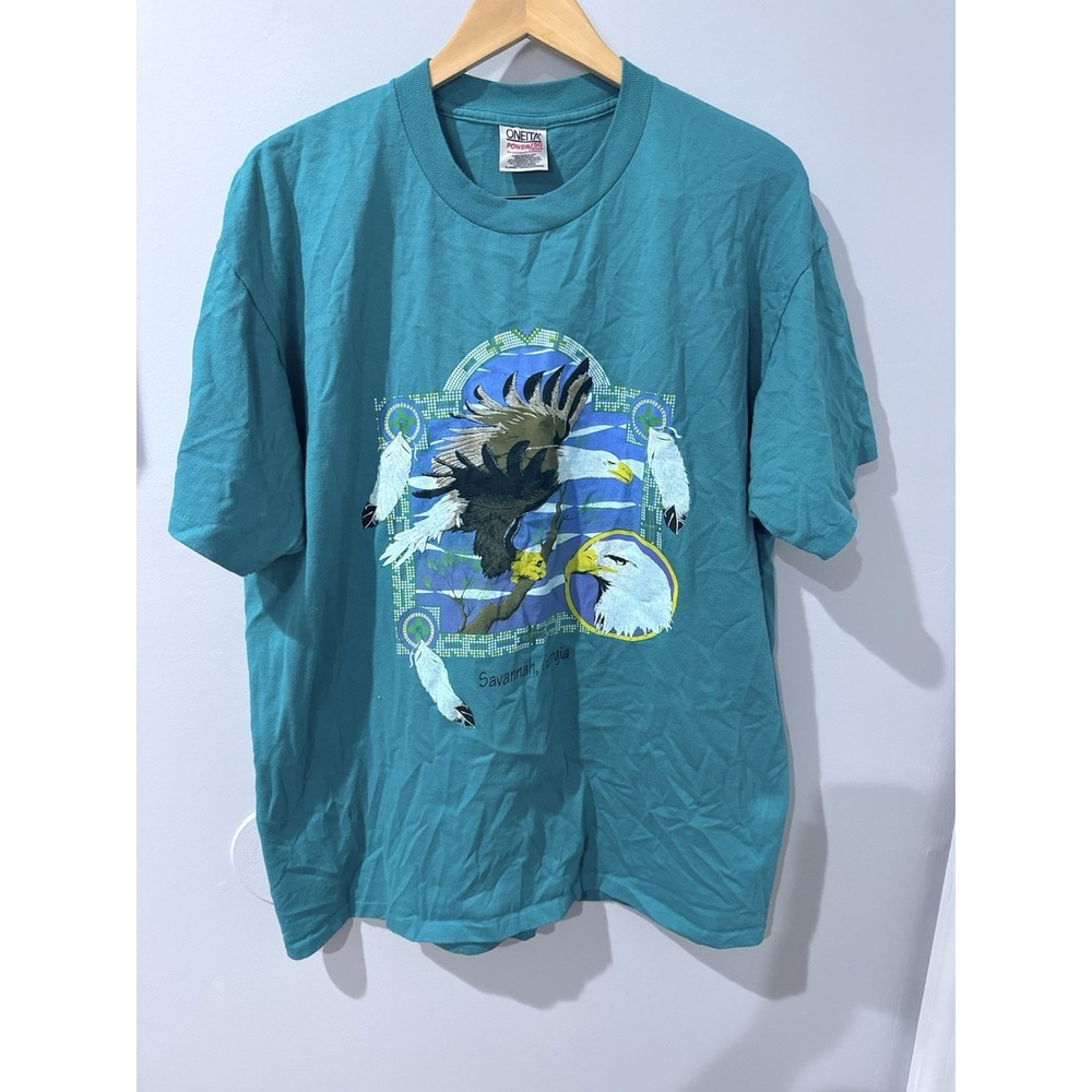 Vintage Oneita Shirt Mens XL Green Bald Eagle Graphic USA Savannah,‎ GA V